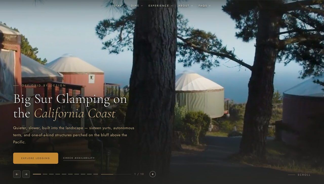 The Treebones Resort home page, live at treebonesresort.com